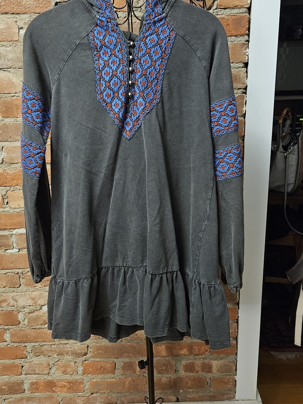 Free People Cotton Charcoal Mini Dress with Blue & Orange Embroidery & Hood